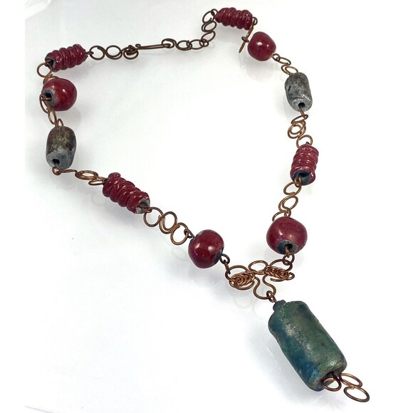 Vintage Rustic Tribal Western Oxidized Cooper Clay Beads Necklace 17" Handcraft - Picture 11 of 11